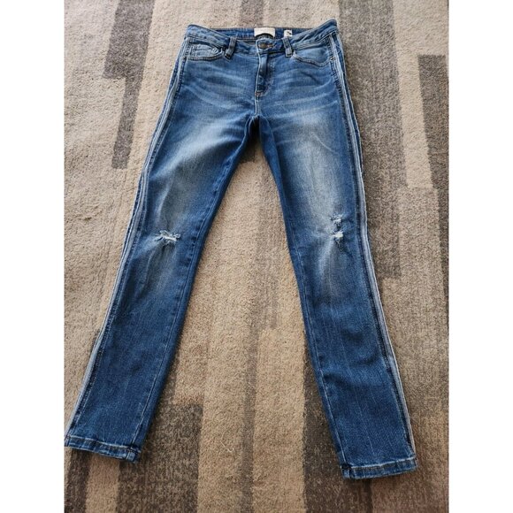 MISS ME Medium Wash Distressed Jeans w/Side Stripe Inlay  Sz 26" x 27" x 9" Rise - Picture 3 of 9